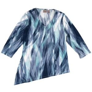 Chicos Easywear Top 2 Medium Printed V Neck 3/4 Sleeve Asymmetrical Hem Blue